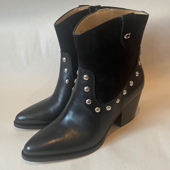 Coach Black Pauline Studded Black Leather Suede Glam Rock Cowboy Booties Boots - Picture 11 of 15